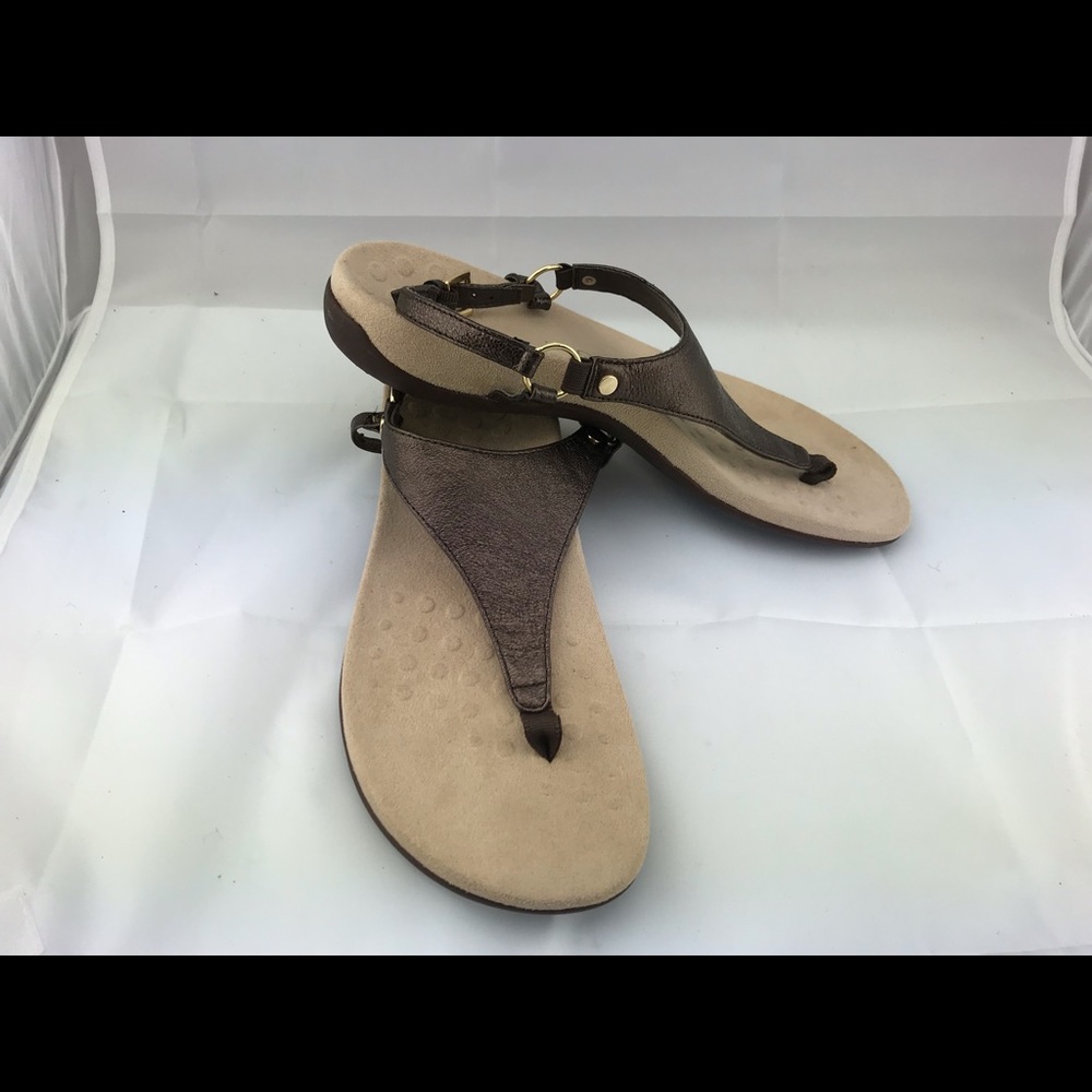 Vionic Flat Sandals Brown Metallic Leather